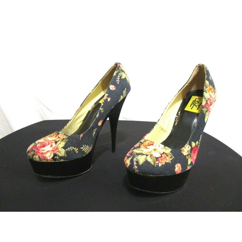 FRH Black Canvas Floral Pattern Platform Pumps Stiletto Heels Shoes Women Sz 8